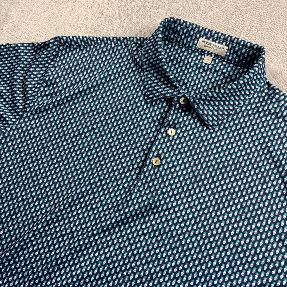 Peter Millar Summer Comfort Mens Large Blue Skull Pineapple Polo Golf Shirt L